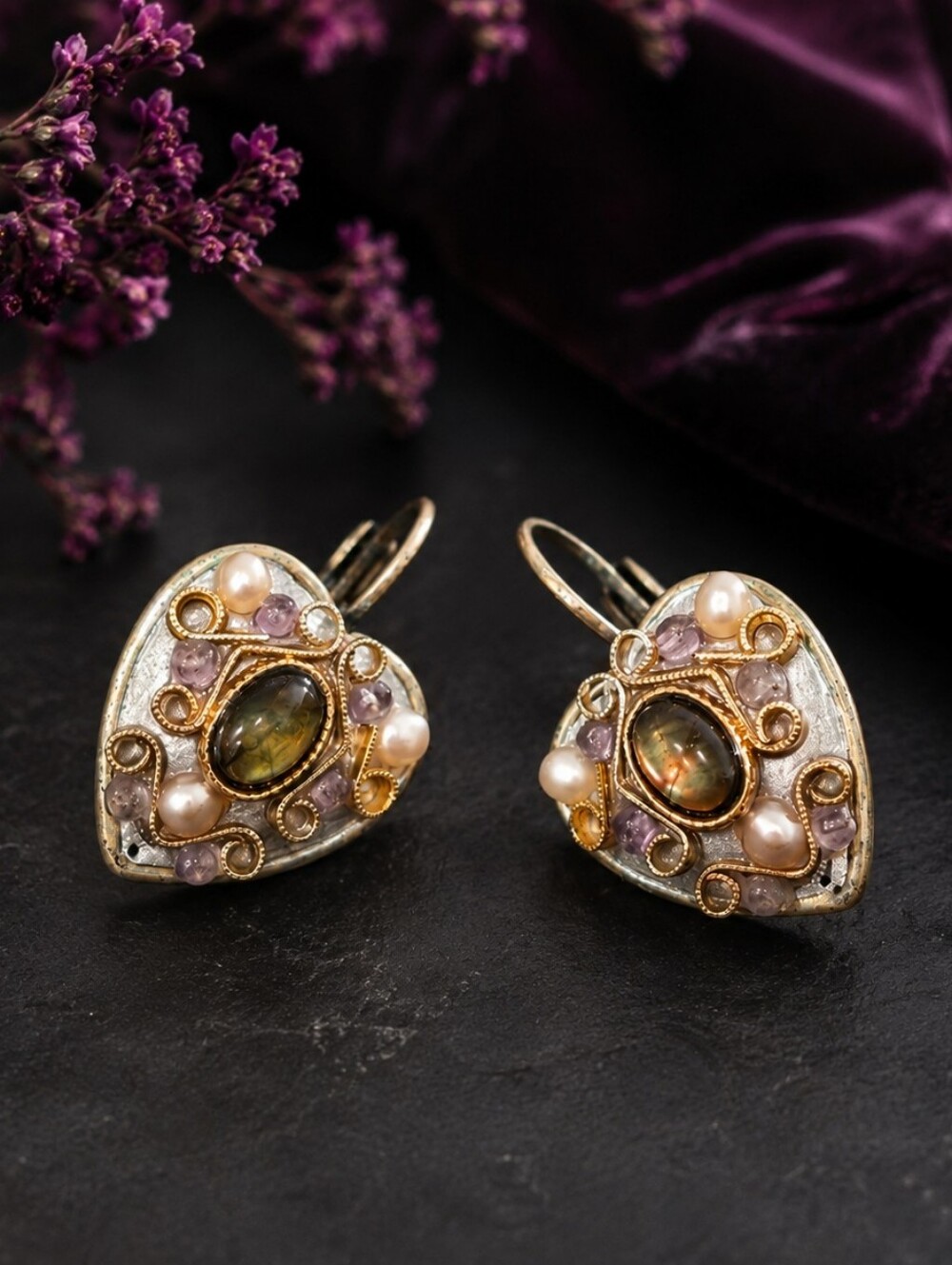 Vintage 90s Michal Golan Amethyst & Abalone Heart Earrings